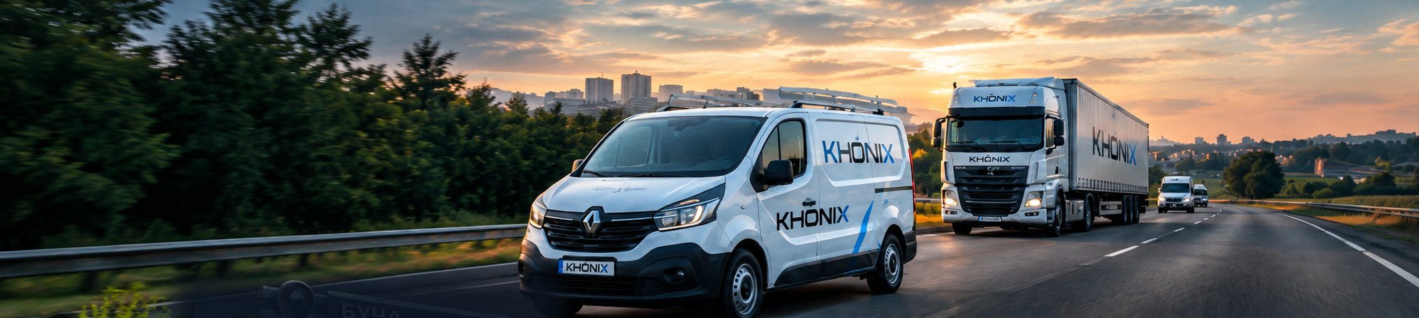Фургон і вантажівка з брендуванням KHONIX на трасі